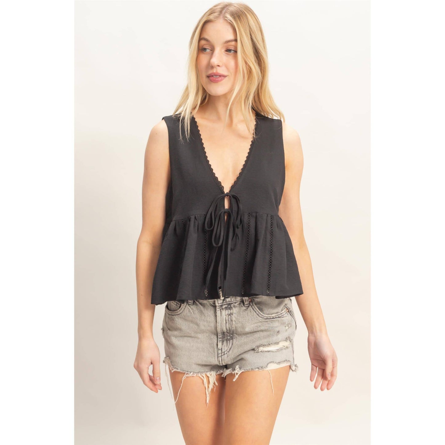 Lace Trim Tie Front Top: SAGE / S-M-L(2-2-2)