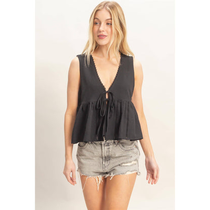 Lace Trim Tie Front Top: OFF WHITE / S-M-L(2-2-2)