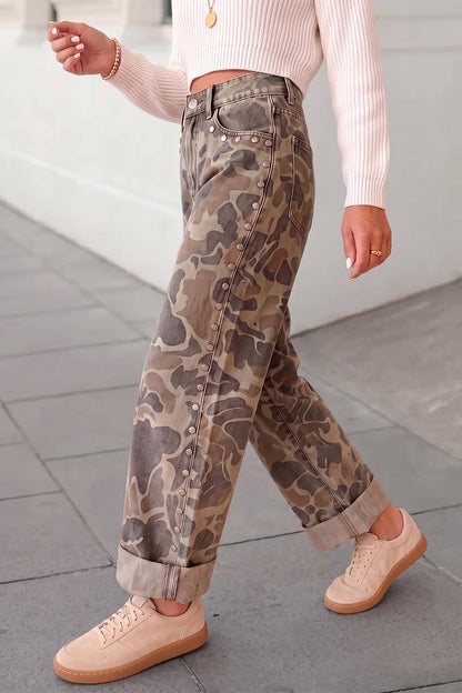 Camo Print Studded Straight Jeans