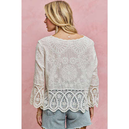 FLORAL EMBROIDERED CROCHET LACE TRIMMED TOP