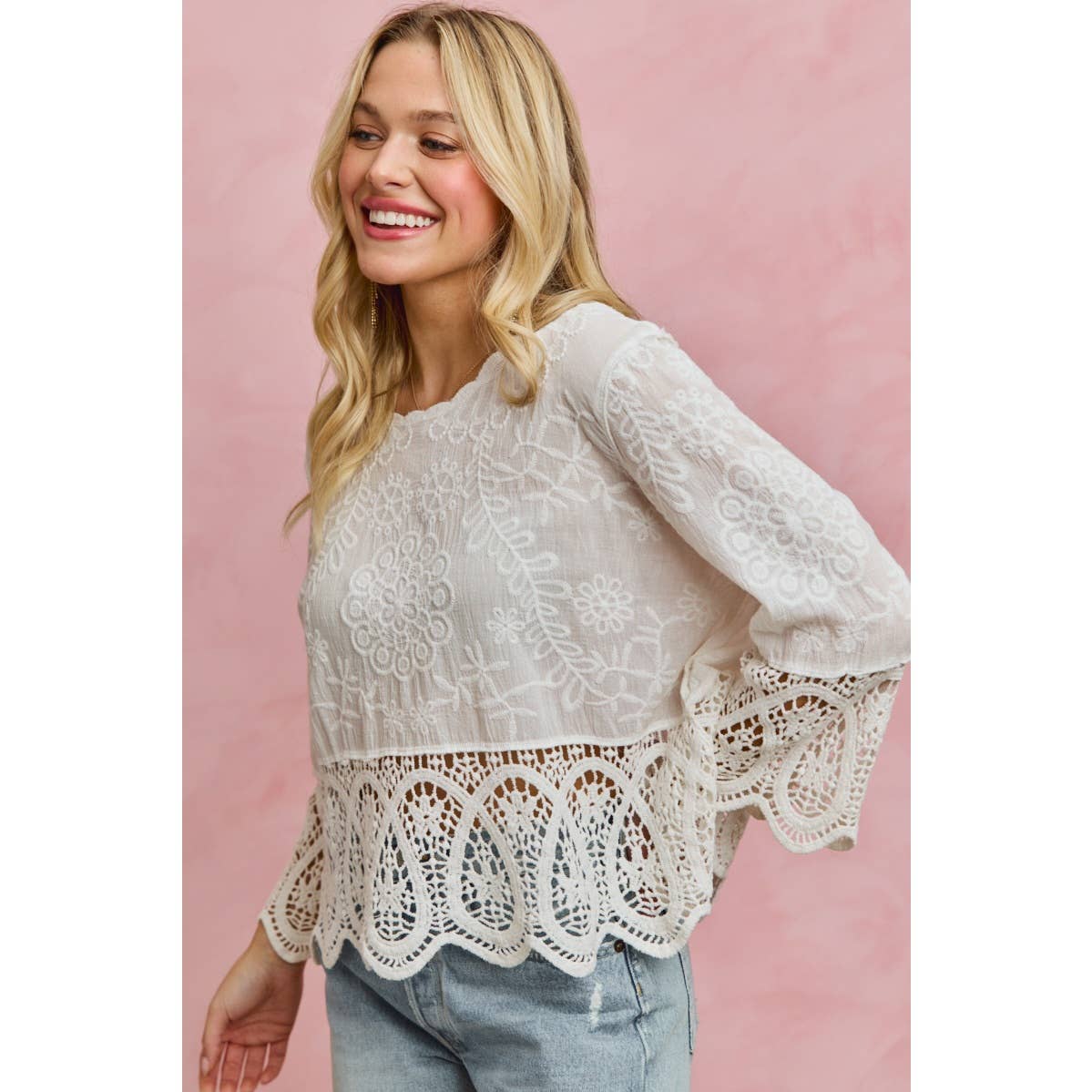 FLORAL EMBROIDERED CROCHET LACE TRIMMED TOP