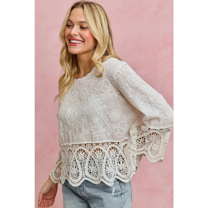 FLORAL EMBROIDERED CROCHET LACE TRIMMED TOP