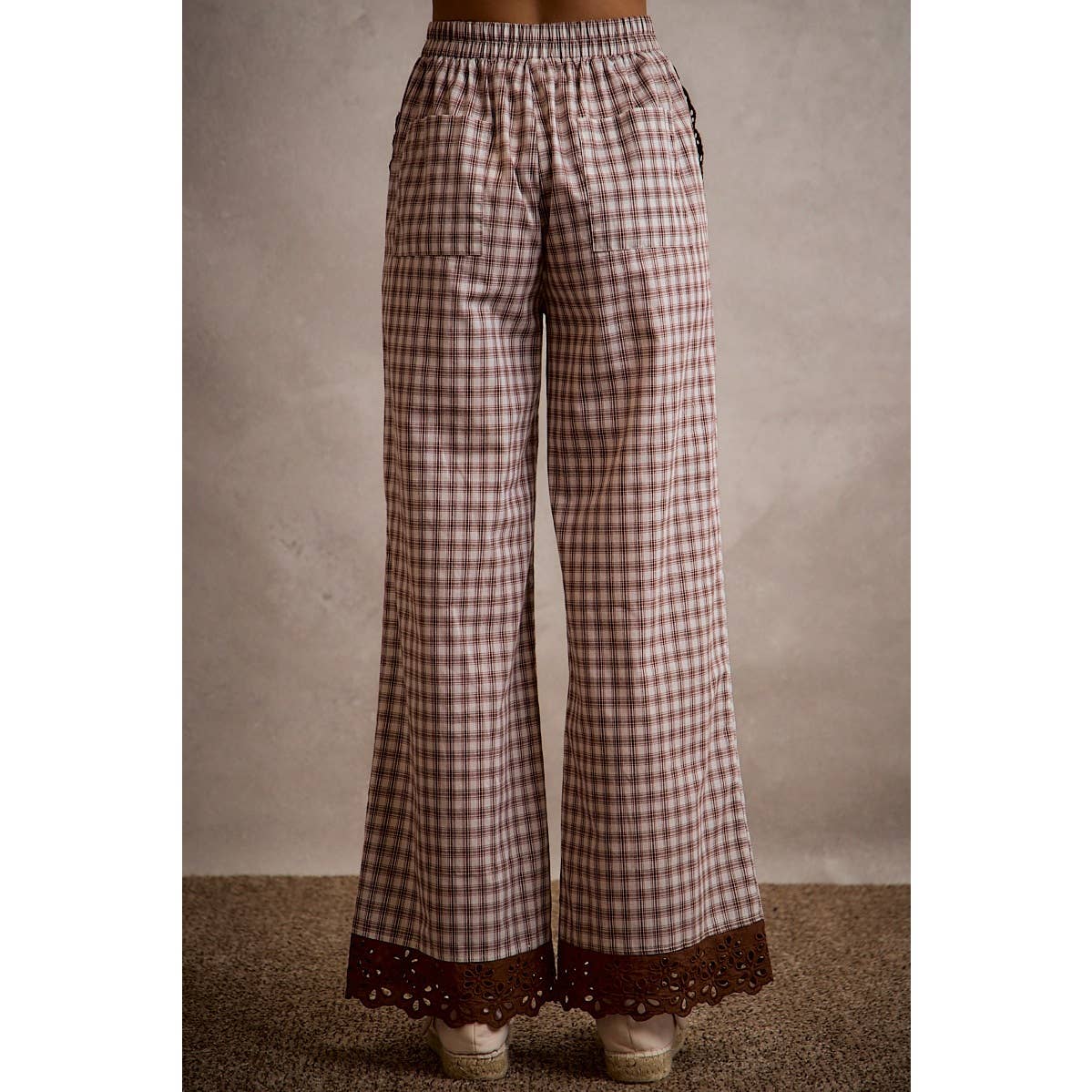 COTTON PLAID CHECK WIDE LEG PULL ON PANTS WITH LACE TRIM