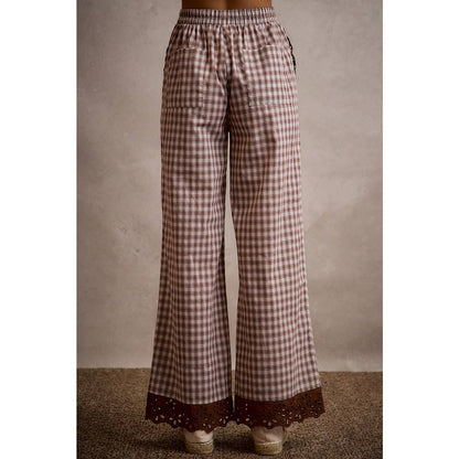 COTTON PLAID CHECK WIDE LEG PULL ON PANTS WITH LACE TRIM