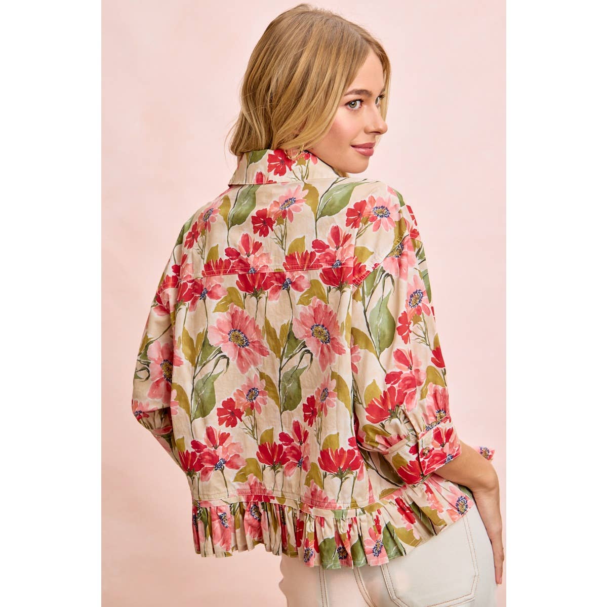 FLORAL PRINT RUFFLED HEM QUARTER SLEEVES SHIRT TOP