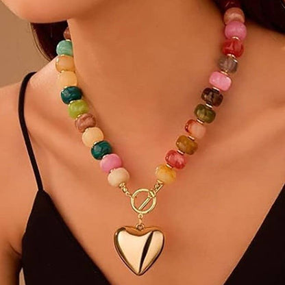 MULTI BEADED HEART CHARM NECKLACE