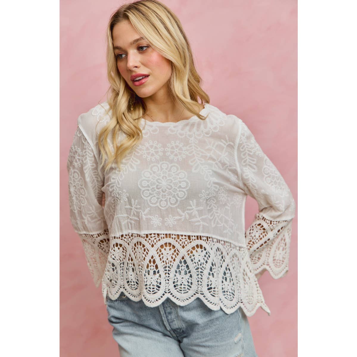 FLORAL EMBROIDERED CROCHET LACE TRIMMED TOP