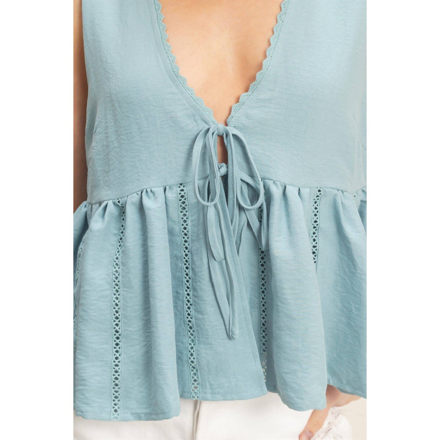 Lace Trim Tie Front Top: OFF WHITE / S-M-L(2-2-2)