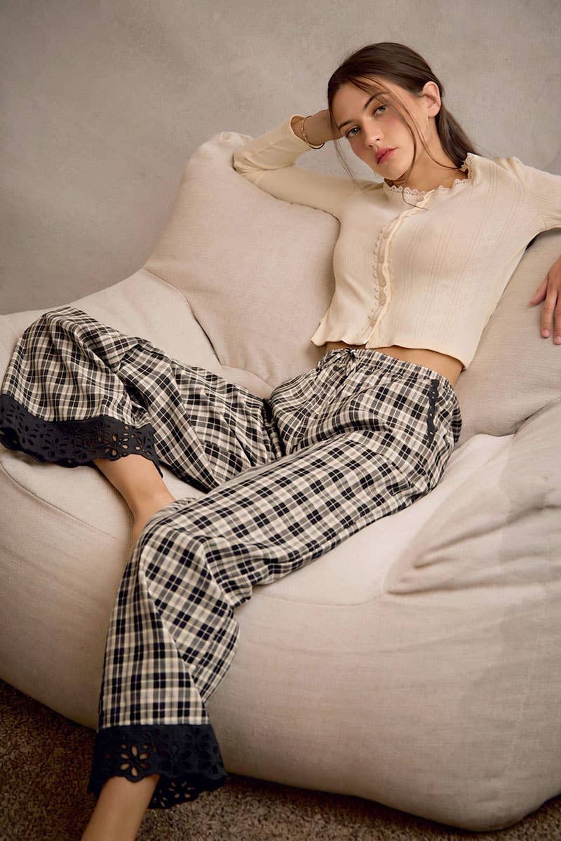 PLAID CHECK WIDE LEG PANTS