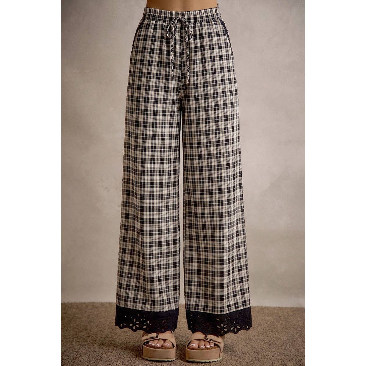 PLAID CHECK WIDE LEG PANTS