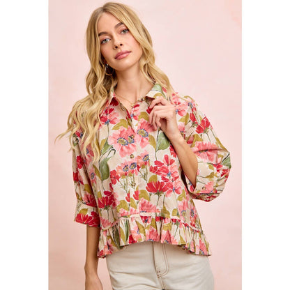 FLORAL PRINT RUFFLED HEM QUARTER SLEEVES SHIRT TOP
