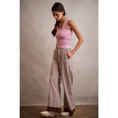 COTTON PLAID CHECK WIDE LEG PULL ON PANTS WITH LACE TRIM