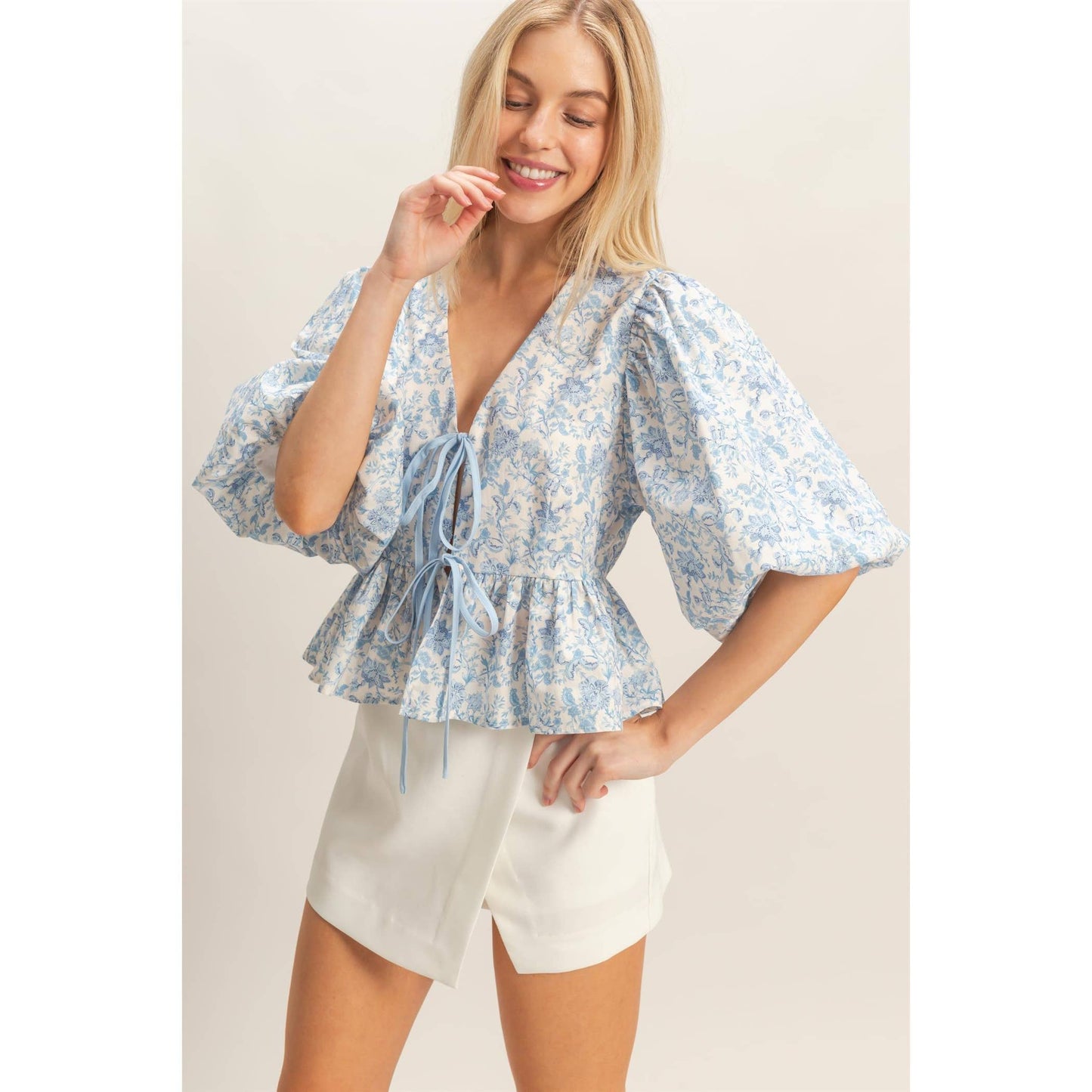 Blue Floral Tie-Front Peplum Top