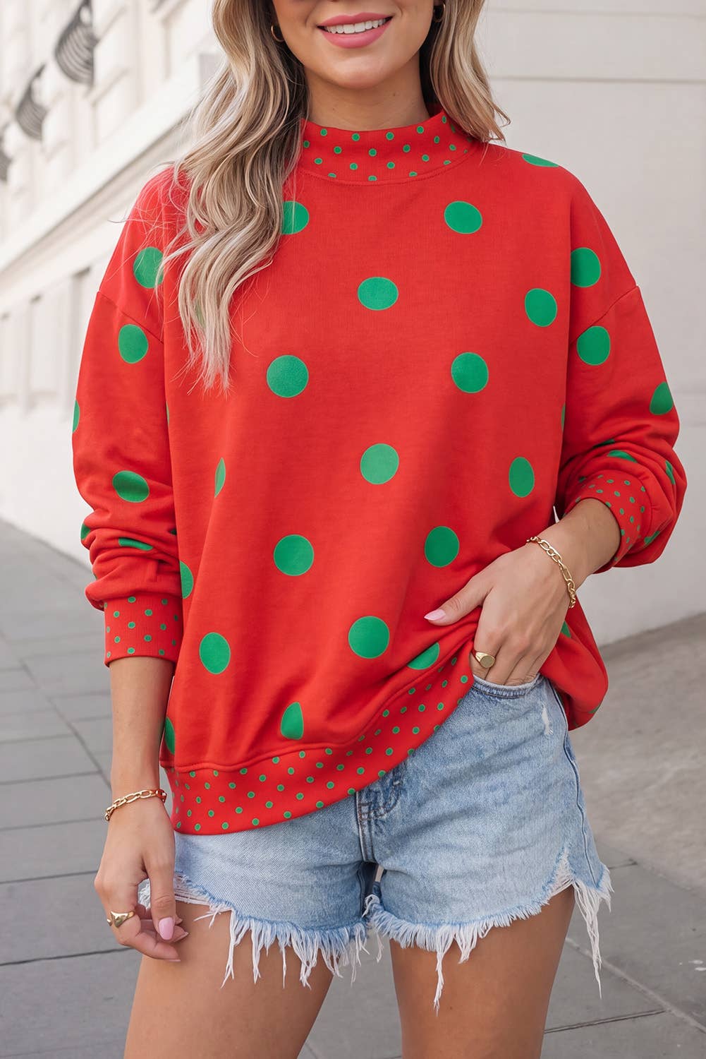 Polka Dot Print Mockneck Oversized Pullover | S-XL